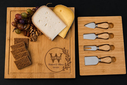 Personalised Engraved Cheese Board Gift Set, Engraved Charcuterie Board with Cheese Knives.