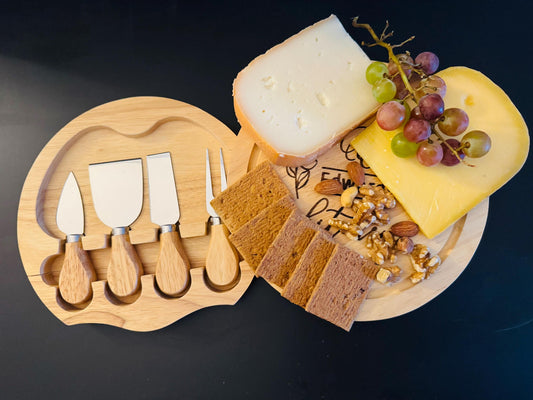 Personalised Cheese Board with Knives, Engraved Hevea Wood Cheeseboard, Round Charcuterie Board, Wedding Housewarming Gift fo