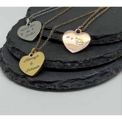 Personalised Heart Necklace - Custom Engraved Pendant in Silver, Gold & Rose Gold