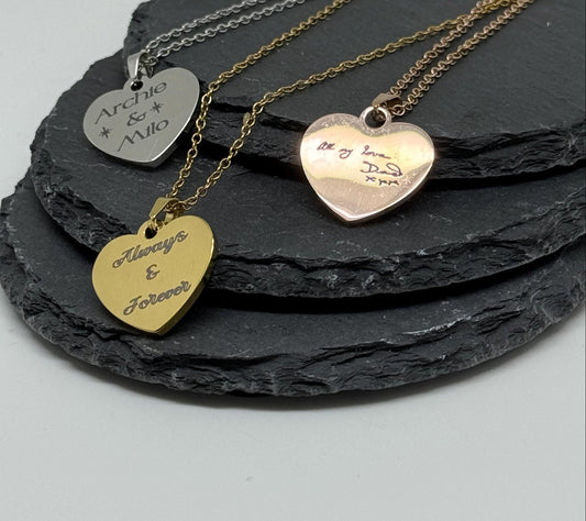 Personalised Heart Necklace - Custom Engraved Pendant in Silver, Gold & Rose Gold
