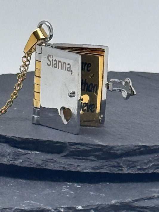 Personalised Book Locket Necklace - Custom Engraved Message