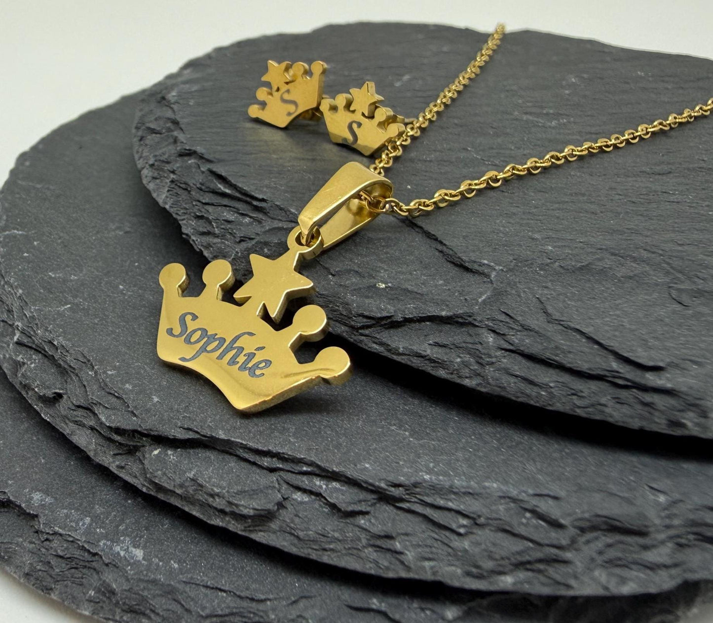 Personalised Crown Necklace & Earrings Set – Custom Name Jewellery