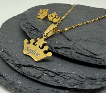 Personalised Crown Necklace & Earrings Set – Custom Name Jewellery