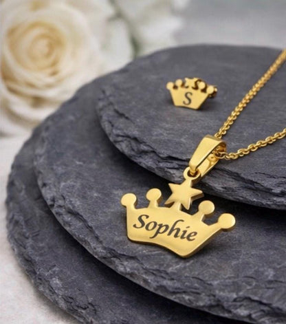 Personalised Crown Necklace & Earrings Set – Custom Name Jewellery