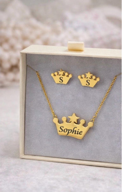 Personalised Crown Necklace & Earrings Set – Custom Name Jewellery