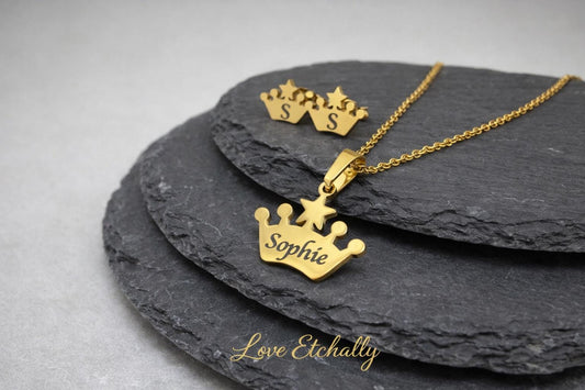 Personalised Crown Necklace & Earrings Set – Custom Name Jewellery