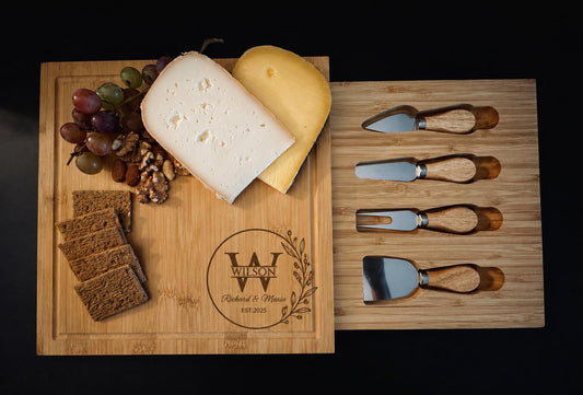 Personalised Engraved Cheese Board Gift Set, Engraved Charcuterie Board with Cheese Knives.