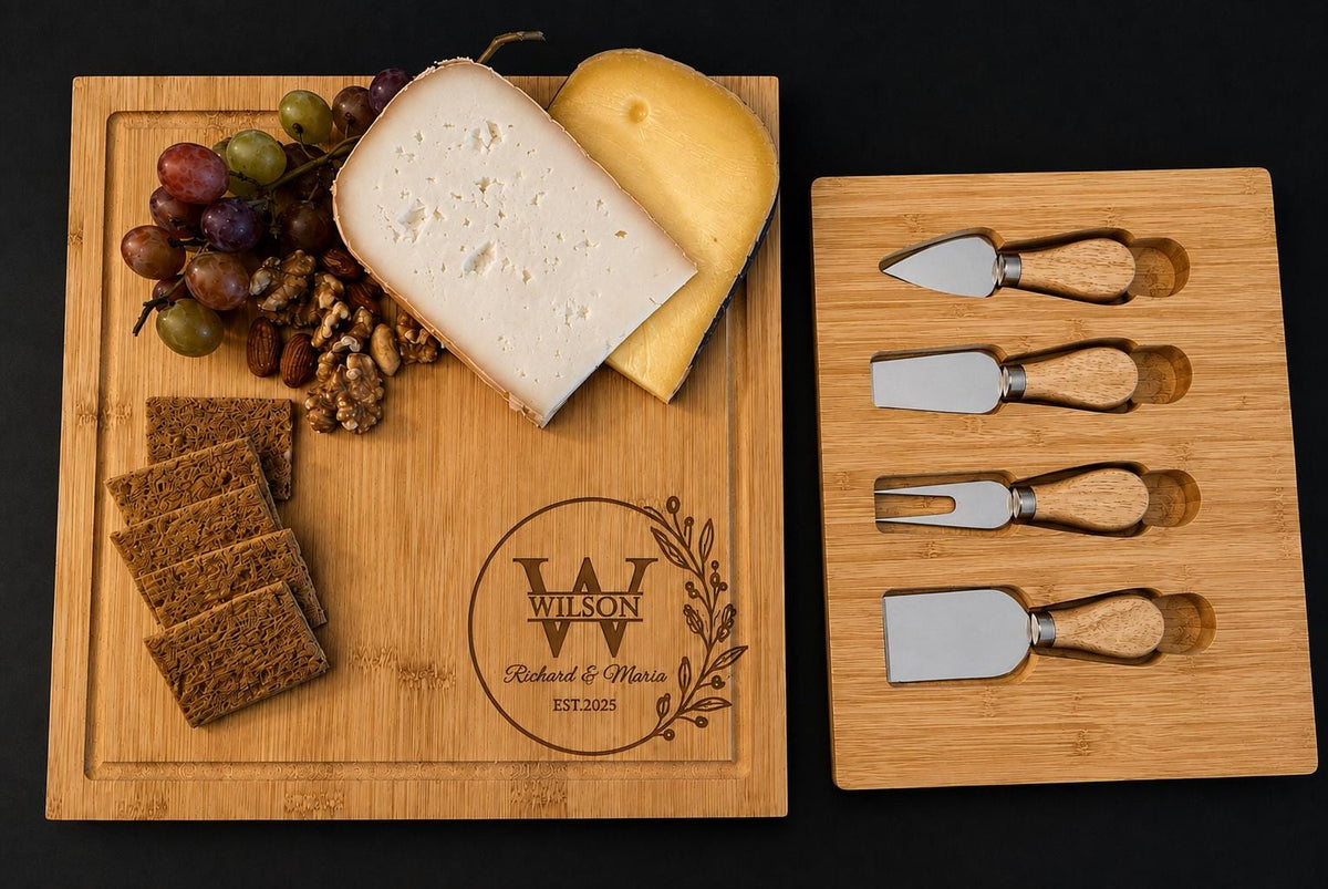 Personalised Engraved Cheese Board Gift Set, Engraved Charcuterie Board with Cheese Knives.