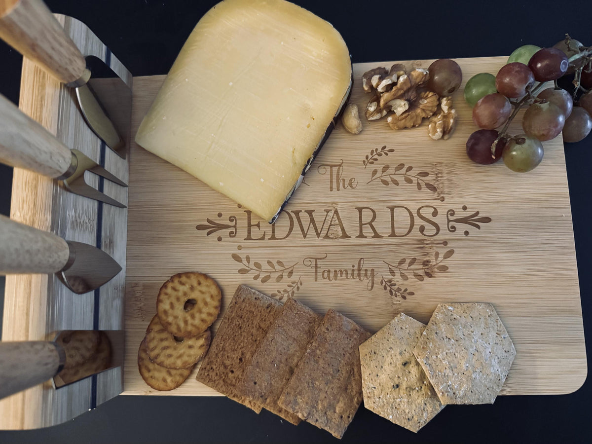 Personalised Cheese Board with Knives, Engraved Bamboo Charcuterie Board, Cheese Knife Set, Wedding Gift, Housewarming Gift f