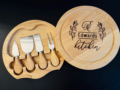 Personalised Cheese Board with Knives, Engraved Hevea Wood Cheeseboard, Round Charcuterie Board, Wedding Housewarming Gift fo