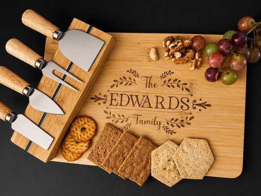 Personalised Cheese Board with Knives, Engraved Bamboo Charcuterie Board, Cheese Knife Set, Wedding Gift, Housewarming Gift f