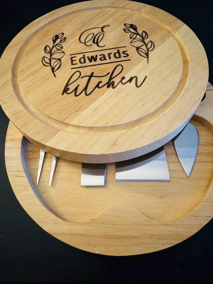 Personalised Cheese Board with Knives, Engraved Hevea Wood Cheeseboard, Round Charcuterie Board, Wedding Housewarming Gift fo