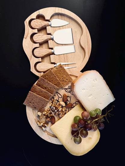 Personalised Cheese Board with Knives, Engraved Hevea Wood Cheeseboard, Round Charcuterie Board, Wedding Housewarming Gift fo